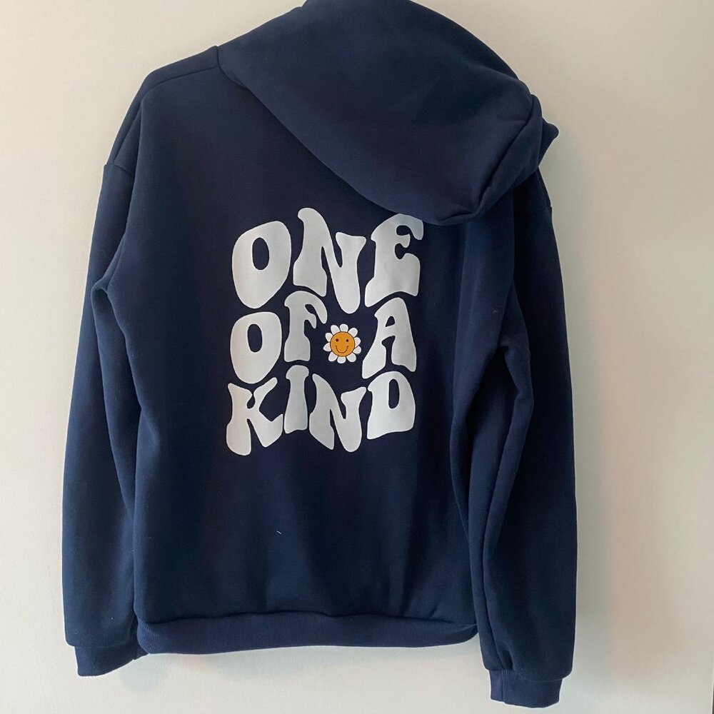 Navy Pullover Hoodie with 'One of a Kind' and Flower Detail 🌸🌀